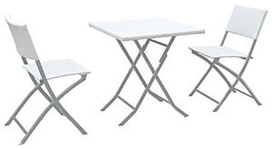 Set Tavolino e 2 Sedie Pieghevoli da Giardino in Metallo e Wicker Bianco