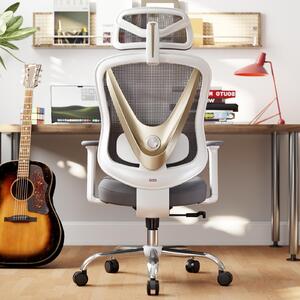 Sedia da ufficio ergonomica con supporto lombare 3D, design a V, colore bianco e oro