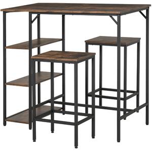 Set Tavolo Alto 109x60x100 cm e 2 Sgabelli in Metallo e Truciolare Marrone