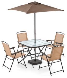 Set Tavolo con 4 Sedie Pieghevoli e Ombrellone da Giardino in Ferro Daybreak Marrone e Beige