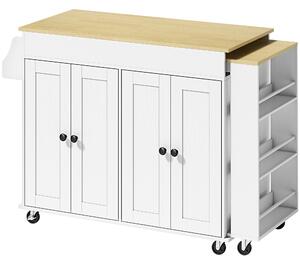 HOMCOM Isola da Cucina su Ruote Piano Estendibile 4 Ante Ripiani Regolabili Porta Spezie e Porta Asciugamani Bianco | Aosom Italy