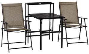 Set Tavolo con Mensola e 2 Sedie Pieghevoli da Giardino in Metallo e Textilene Marrone e Nero