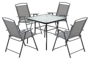 Set Tavolo e 4 Sedie Pieghevoli da Giardino in Acciaio Piano in Vetro e Sedute in Tessuto Nero