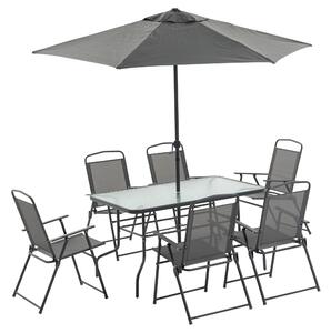 Set Tavolo e 6 Sedie Pieghevoli da Giardino con Ombrellone Piano in Vetro e Sedute in Tessuto Grigio