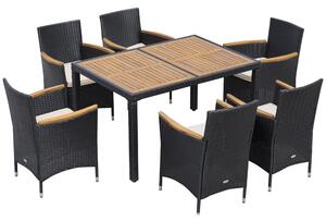 Set Tavolo e 6 Sedie Pieghevoli da Giardino con Cuscini Morbidi in PE Rattan e Legno Nero