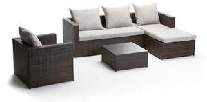 Set Salotto da Giardino in PVC Rattan Divano 2 Posti con Penisola 2 Poltrone e Tavolino Taddei Meissa Marrone