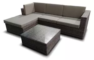 Set Salotto da Giardino in PVC Rattan Divano 3 Posti con Penisola e Tavolo Taddei Hamal Marrone