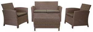 Set Salotto da Giardino Tavolino Baule Divano 2 Sedie in Polyrattan con Cuscini Tulsa Natural