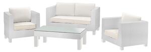 Set da Giardino Divano 2 Poltrone e Tavolino in Polyrattan Adila Cubo Bianco