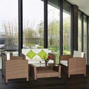 Set Salotto da Giardino in Rattan Sintetico Tavolino Divano e 2 Poltrone con Cuscini Marrone Chiaro