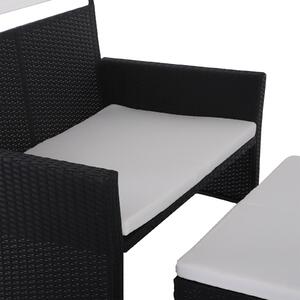 Set Salotto da Giardino in Rattan Sintetico Divano con Tetto e Tavolino Nero e Bianco