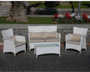 Salotto Completo Divanetto con Poltroncine in Wiker e Tavolino in Vetro per Arredo Giardino Esterno