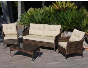 Salotto Completo Divanetto con Poltroncine in Wiker e Tavolino in Vetro per Arredo Giardino Esterno