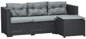 Set da Giardino Divano 3 Posti e Poggiapiedi in Rattan PE Nero e Grigio