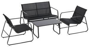Set Salotto da Giardino Divano 2 Poltrone e Tavolino in Metallo e Textilene Nero