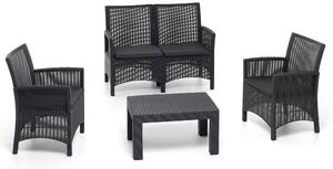 Set Salotto da Giardino Divano 2 Poltrone e Tavolino in Polipropilene Effetto Rattan London Antracite