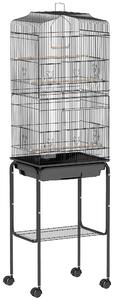 PawHut Gabbia per uccelli su piedistallo voliera su ruote tetto apribile 3 posatoi ripiano inferiore 46,5x36x157cm nero | Aosom Italy