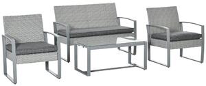 Set Salotto da Giardino Divano 2 Poltrone e Tavolino in Metallo e Rattan Grigio