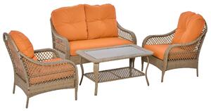 Set da Giardino Divano 2 Poltrone e Tavolino in Rattan con Cuscini Arancione