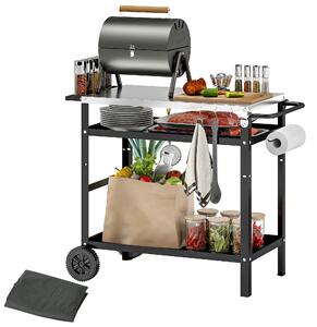 Outsunny Carrello per Barbecue con Piano in Acciaio e Ripiano Regolabile, Ruote e Ganci, 100x52x80 cm, Nero