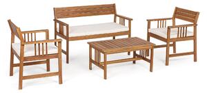 Set Salotto da Giardino Divano 2 Poltrone e Tavolino in Legno di Acacia Ecrù