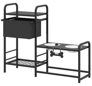 PawHut Ciotola rialzata per cani Regolabile in altezza Supporto con spazio di stoccaggio Ciotole 2 x 800ml in acciaio inossidabile 89,5x27x74 cm Nero | Aosom Italy