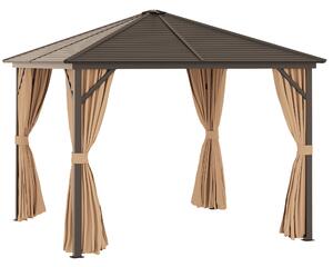 Gazebo da Giardino con Zanzariera Tende Laterali e Tetto Rigido 2,98x2,98m in Alluminio Marrone