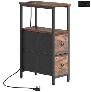 HOMCOM Tavolino da divano con stazione di ricarica, telaio in acciaio, 2 cassetti in tessuto, vano aperto, 20cm x 40cm x 63cm, Rustico-Marrone | Aosom Italy