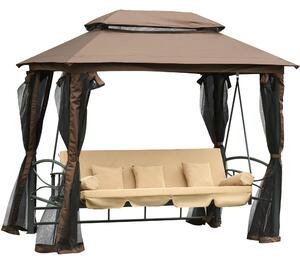 Dondolo Letto 3 Posti con Gazebo da Giardino 257x175x240 cm con Zanzariera e Cuscini Beige