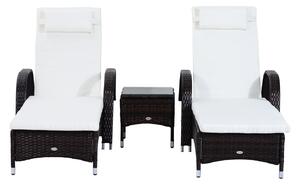 Set 2 Lettini Prendisole da Giardino in Rattan Sintetico Reclinabili Imbottiti con Rotelle e Tavolino Marrone