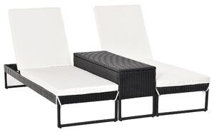 Set 2 Lettini Prendisole con Tavolino in Rattan Nero e Bianco