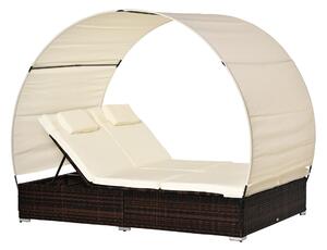 Lettino Prendisole Doppio da Giardino 196x137x36,5 cm con Tettuccio in Rattan Marrone e Crema