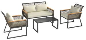 Outsunny Set mobili da giardino in polyrattan per 4 persone resistente alle intemperie set per balcone con divano 2 posti, 2 sedie, tavolo in vetro cuscini Beige | Aosom Italy