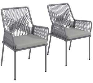 Outsunny Set da 2 sedie da giardino, sedie da terrazza, cuscini lavabili, schienale, braccioli, acciaio, rattan, grigio scuro | Aosom Italy