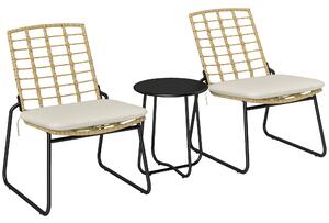 Outsunny Set mobili da giardino 3 pezzi, 2 sedie in rattan, 1 tavolo con piano metallico, cuscini per seduta, set bistro, Beige & Marrone | Aosom Italy
