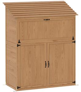 Outsunny Armadio portaoggetti da giardino con tavolo ribaltabile, armadio attrezzi con tetto, 110 x 54 x 136 cm, legno di abete, Marrone | Aosom Italy