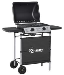 Barbecue a Gas GPL 2 Fuochi 2,8kW in Acciaio con Ruote e Mensole Nero