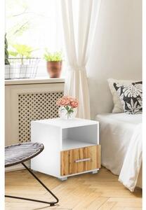 Comodino moderno per camera da letto, Tavolino da notte con 1 cassetto, cm 40x38h41, colore Bianco e Acero
