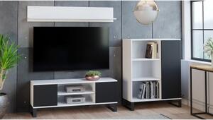 Parete attrezzata da soggiorno in stile industrial, Mobile porta TV con 1 credenza con anta reversibile, Mensola abbinata, colore Bianco e Nero