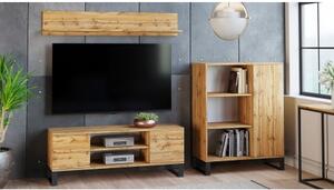 Parete attrezzata da soggiorno in stile industrial, Mobile porta TV con 1 credenza con anta reversibile, Mensola abbinata, colore Acero