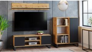 Parete attrezzata da soggiorno in stile industrial, Mobile porta TV con 1 credenza con anta reversibile, Mensola abbinata, colore Nero e Acero