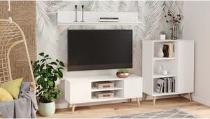 Parete attrezzata da soggiorno in stile scandi, Mobile porta TV con 1 credenza con anta reversibile, Mensola abbinata, colore Bianco