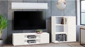 Parete attrezzata da soggiorno moderna, Mobile porta TV con 1 credenza con anta reversibile, Mensola abbinata, colore Bianco