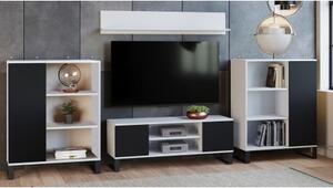 Parete attrezzata da soggiorno in stile industrial, Mobile porta TV con 2 credenze con anta reversibile, Mensola abbinata, colore Bianco e Nero