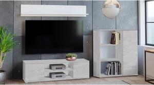 Parete attrezzata da soggiorno moderna, Mobile porta TV con 1 credenza con anta reversibile, Mensola abbinata, colore Cemento
