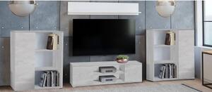 Parete attrezzata da soggiorno moderna, Mobile porta TV con 2 credenze con anta reversibile, Mensola abbinata, colore Cemento