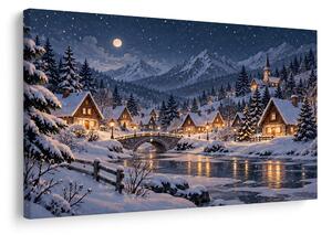 Quadro su tela – Villaggio di montagna invernale di notte