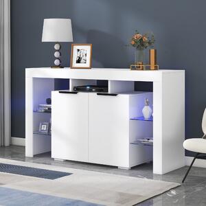 Credenza Moderna Luminosa con LED, 4 Ripiani in Vetro e 2 Ante in Legno, 140x40x80 cm per Soggiorno, Bianco