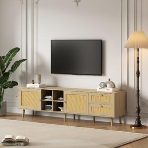 Mobile Porta TV in Legno e Rattan con 2 Ante e 2 Cassetti in Rattan, Adatto per TV fino a 80 Pollici, 180x40x55 cm, Legno