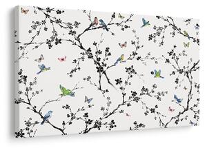 Quadro su tela – Uccelli e farfalle sui rami